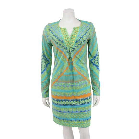 Hale Bob Green Orange Rope Geometric Print Beaded Jersey Mini Shift Dress Size S - Picture 1 of 6